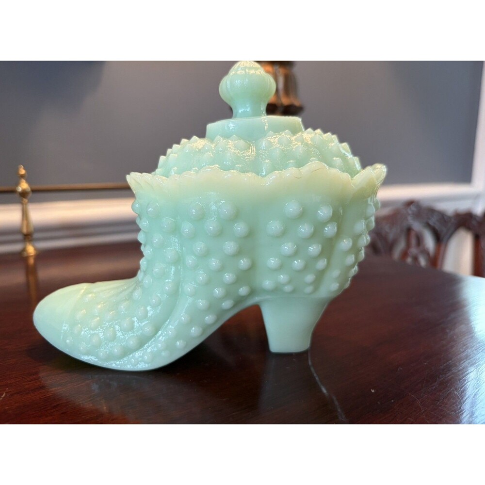 Vintage Jadeite Green Milk Glass Hobnail Shoe Covered Trinket Candy Dish Read